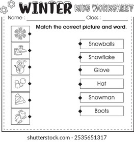 Winter kids worksheet : matching correct word and picture.