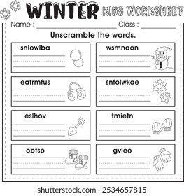 Winter kids worksheet : unscramble the words.
