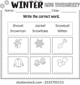 Hoja de trabajo para niños de invierno: escribe la palabra correcta1