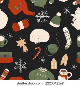 Winter knit clothes cozy seamless pattern. Knitting hobby, wool sweater, scarf, warm hat, cute socks, coffee cup, cookies, sleeping cat. Christmas elements vector cartoon flat illustration, isolated