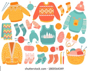 Winter Knit Clothes. Handmade Wool Clothing And Knitting Tools, Sweaters, Socks, Hats And Mitten, Scarf, Needles And Yarn Vector Set. Fashion Wool Accessories, Supplies As сrochet Hook