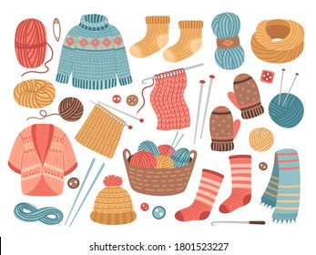 Winter knit clothes. Knitting hobby, wool cloth cardigan sweater. Cute knitted scarf, isolated warm crochet hat jacket vector illustration