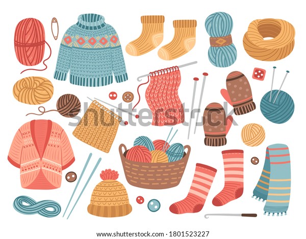 冬に編む服 編み物の趣味 ウールの布のカーディガンセーター かわいいニットのスカーフ 温かいかぎ針編みの帽子のジャケットベクターイラスト のベクター画像素材 ロイヤリティフリー