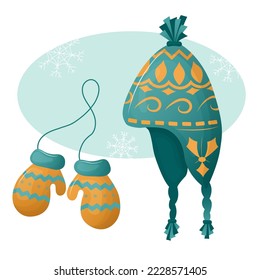 Winter knit hat with bubon and mittens. Cute warm accessories helmet and gloves. Vintage design. Vector illustration. Cartoon.