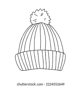 Winter knit hat with pompom and lapel. Contour illustration with black line isolated on white. Vector doodle hand-drawn.