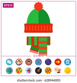 Winter knit hat and scarf vector icon