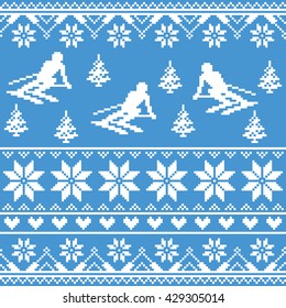 Winter knit pattern - man skiing on blue background 