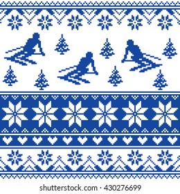 Winter knit pattern - man skiing - white and navy blue background 