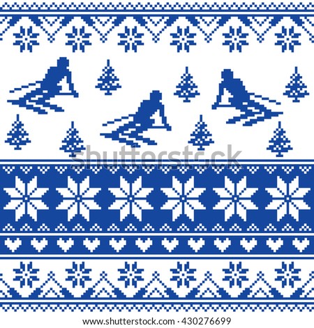 Winter knit pattern - man skiing - white and navy blue background 