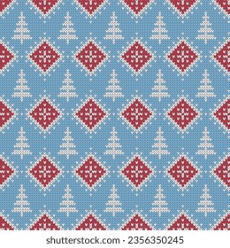 Winter knit texture pattern.Seamless vector illustration for Christmas, New Year, winter design. Xmas ugly sweater ornament. Fair isle pattern in blue, red and white.