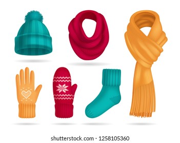 Winter knitted accessories realistic set with hat and socks isolated vector illustration