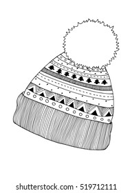 Winter knitted cap in zentangle, tribal monochrome style.