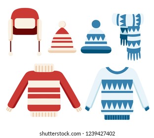 Winter knitted clothes collection. Sweater, hats, scarf. Handmade clothes with pattern, winter style. Flat vector illustration isolated on white background.