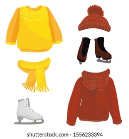 Winter knitted clothes hand drawn set. Sweater, cap, skates, scarf. Vector illustration.