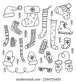 Winter knitted clothes, skates, knitted socks, mittens and hat, Santa hat and Christmas boot with snowflake. Vector linear hand drawn doodles. Isolated drawings for design, decor and cards.