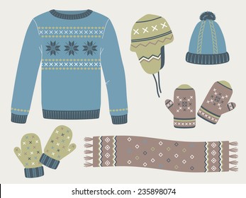 Winter knitted clothes: sweater, hats, mittens, scarf 