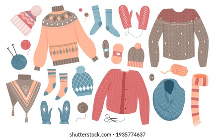 Winter knitted clothes vector illustration set. Cartoon wool knitwear collection with cute sweater jumper pullover, threads yarn and knitting needles, cozy warm scarf socks mittens isolated on white