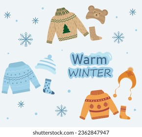Winter knitted clothes, a warm sweater with a pattern, a hat and socks. Set of winter accessories, cozy clothes. Vector illustration