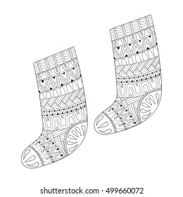 Winter knitted ethnic Sock for gift from Santa  in zentangle style. Hand drawn Christmas decorative elements for adult coloring book. Vector illustration for New Year 2017.