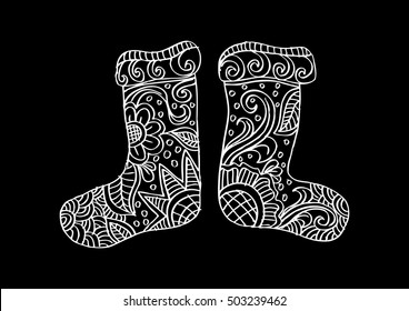 Winter knitted ethnic Sock for gift from Santa in zentangle style. 