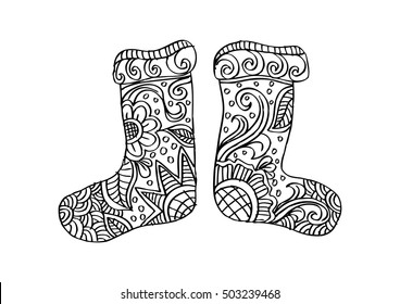 Winter knitted ethnic Sock for gift from Santa in zentangle style. 