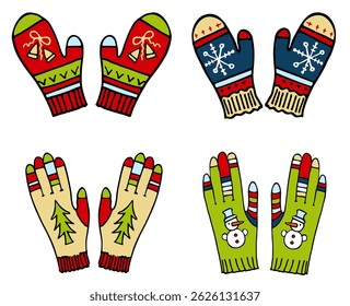 Winter knitted gloves and mittens set. Warm wool hands accessories, cold weather patterned clothes, patterned wear elements. Winter accessories. Cute cartoon vector illustration.