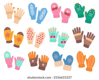 Winter knitted gloves and mittens. Warm wool hands accessories, cold weather patterned clothes, patterned wear elements, funny prints and cozy patterns, cartoon flat isolated vector set