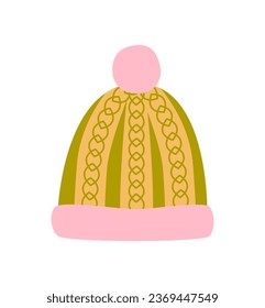 Winter knitted hat with braid pattern and pompon. Cold season clothing.