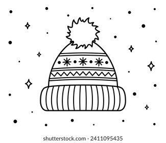 Wintergestrickter Hut mit Pampelmuse und Ornament. Einzelne Weihnachtselemente für Label, Geschenk, Grußkarte. Einzige Vektorgrafik.