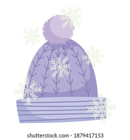 winter knitted hat with pompom and snowflakes icon vector illustration