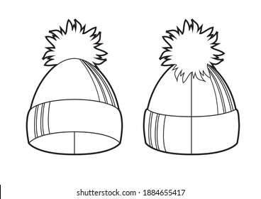 Winter knitted hat with pompon, black and white sketch, vector illustration isolated on white background. Winter accessory