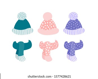 Winter knitted hat with pompon and scarf different colors set isolated on white background. Hand drawn kid style flat design vector illustration