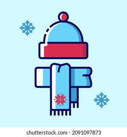 Winter knitted hat with pompon and scarf colored icon. Collection of winter icons on the theme of outdoor recreation. Vector stylish outline illustrations on light blue background.