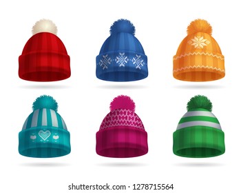 Winter knitted hat realistic set with hat and gloves isolated vector illustration