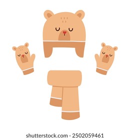 Winter knitted hat, scarf and mittens with a bear face. Flat vector illustration