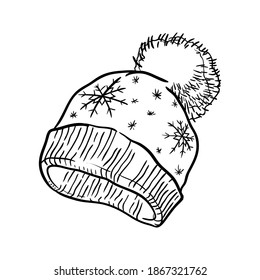 Winter knitted hat with snowflakes. Isolated on a white background. Hand-drawn vector illustration.