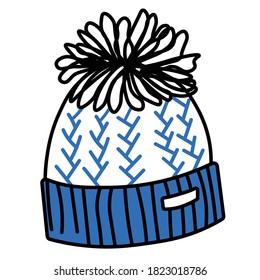 Winter knitted hat vector stock illustration in Doodle style. Sticker for Christmas and new year. headwear for cold weather close-up. Isolated on a white background.