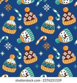 Winter knitted hats. Cute Christmas print. Seamless pattern. Vector.