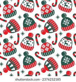 Winter knitted hats. Cute Christmas print. Seamless pattern. Vector.