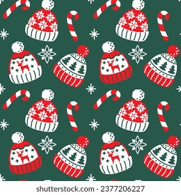 Winter knitted hats. Cute Christmas print. Seamless pattern. Vector.