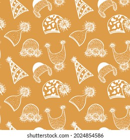 Winter knitted hats set isolated vector illustration. Seamless hand drawn background. Endless headwear doodles pattern for fabrics, wrapping papers and web design.
