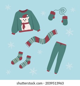 Winter knitted items. Jacket with alpaca. New Year's set of clothes. Vector.