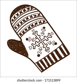 Winter knitted mitten isolated on white. Sketch vector illustration