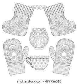 Winter knitted mittens, socks, cup of tea, jam in zentangle style. Hand drawn Christmas decorative elements for adult coloring book. Vector illustration for New Year 2017 greeting cards, posters.