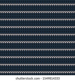 Winter knitted pattern background. Seamless dark knit texture in blue and grey with horizontal stripes for scarf, hat, top, bag, socks, or other modern holiday textile print.