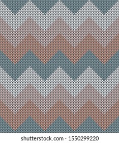 Winter knitted pattern background. Seamless chevron / zigzag knit texture in grey and brown for scarf, hat, top, bag, socks, or other modern holiday textile print.