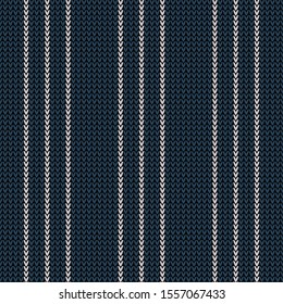 Winter knitted pattern background. Seamless dark knit texture in blue and grey with vertical stripes for scarf, hat, bag, socks, gift wrapping, or other modern holiday textile print.