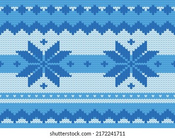Winter knitted pattern, blue and white seamless vector background, cozy christmas sweater wool texture, jacquard dress mittens woven pattern