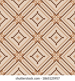 Winter knitted pattern. Illustration with nordic ethnic style ornament. Holiday vector background. Diamond sweater seamless texture.