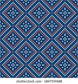 Patrón de punto de invierno. Ornamento de estilo étnico nórdico con copos de nieve y hombros. Fondo vectorial de vacaciones. Patrón de diamante textura sin fisuras.